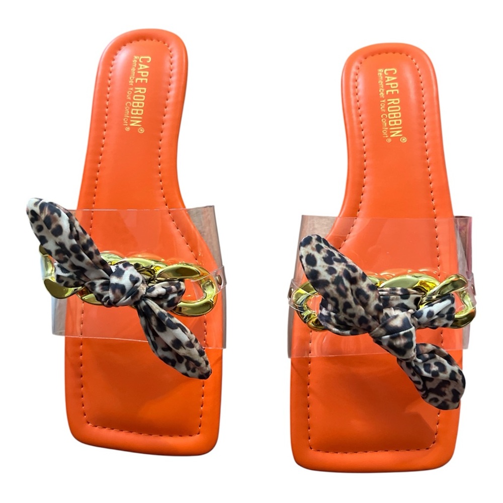 NIB Flat Sandals Slides Transparent Mules Slip Leopard Knot & Gold Chain Accent